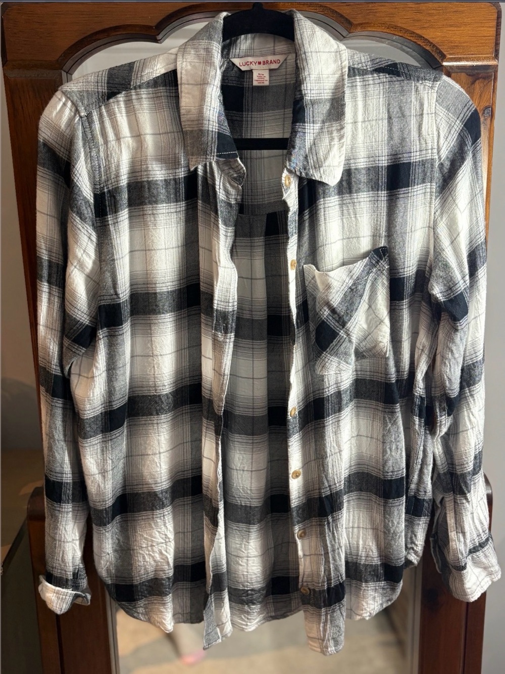 Lucky Brand Long Sleeve Button-Up Shirt with Pocket in Black and White Plaid - Picture 1 of 3